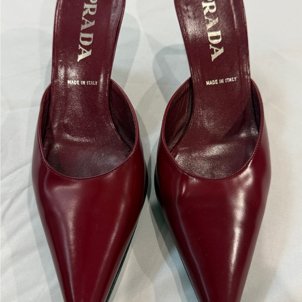 Prada Burgundy Leather Pointed Toe Mules Size 37 Made in Italy